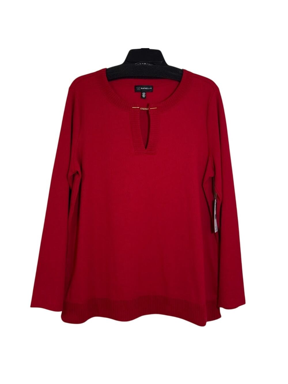 NWT Rafaella Large Ruby Red Sweater With Ribbed Collar & Hem Gold Accent C Neck